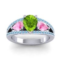 Peridot Ring In 14k White Gold With Pink Tourmaline And Aquamarine Vatama Pear Three-stone Ring