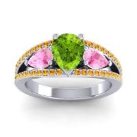 Peridot Ring In 14k White Gold With Pink Tourmaline And Citrine Vatama Pear Three-stone Ring