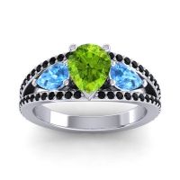 Peridot Ring In 14k White Gold With Swiss Blue Topaz And Black Onyx Vatama Pear Three-stone Ring