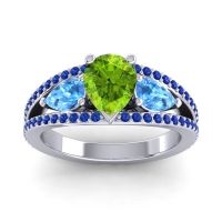 Peridot Ring In 14k White Gold With Swiss Blue Topaz And Blue Sapphire Vatama Pear Three-stone Ring