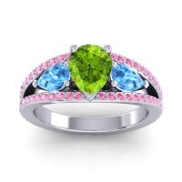 Peridot Ring In 14k White Gold With Swiss Blue Topaz And Pink Tourmaline Vatama Pear Three-stone Ring