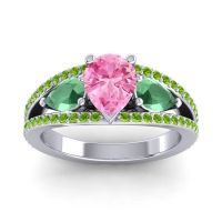 Pink Tourmaline Ring In 14k White Gold With Emerald And Peridot Vatama Pear Three-stone Ring