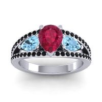 Ruby Ring In 14k White Gold With Aquamarine And Black Onyx Vatama Pear Three-stone Ring