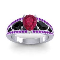 Ruby Ring In Palladium With Black Onyx And Amethyst Vatama Pear Three-stone Ring