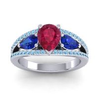 Ruby Ring In Palladium With Blue Sapphire And Aquamarine Vatama Pear Three-stone Ring