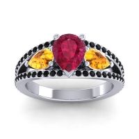 Ruby Ring In 18k White Gold With Citrine And Black Onyx Vatama Pear Three-stone Ring