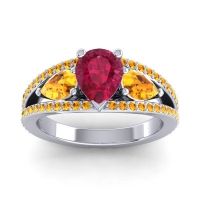 Ruby Ring In Platinum With Citrine Vatama Pear Three-stone Ring