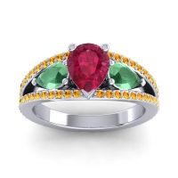 Ruby Ring In Palladium With Emerald And Citrine Vatama Pear Three-stone Ring