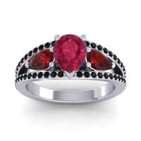 Ruby Ring In 18k White Gold With Garnet And Black Onyx Vatama Pear Three-stone Ring