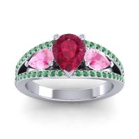 Ruby Ring In Palladium With Pink Tourmaline And Emerald Vatama Pear Three-stone Ring