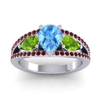 Swiss Blue Topaz Ring In 14k White Gold With Peridot And Garnet Vatama Pear Three-stone Ring