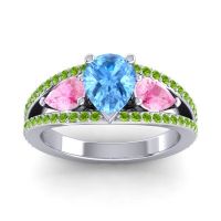 Swiss Blue Topaz Ring In 14k White Gold With Pink Tourmaline And Peridot Vatama Pear Three-stone Ring