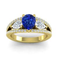 Blue Sapphire Engagement Ring In 14k Yellow Gold With Lab Diamond And Diamond - Vatama Pear Three-stone Ring