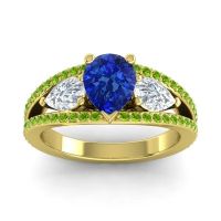 Blue Sapphire Ring In 14k Yellow Gold With Lab Diamond And Peridot Vatama Pear Three-stone Ring