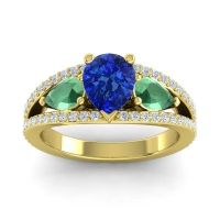 Blue Sapphire Ring In 18k Yellow Gold With Emerald And Lab Diamond Vatama Pear Three-stone Ring