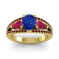 Blue Sapphire Ring In 18k Yellow Gold With Ruby And Garnet Vatama Pear Three-stone Ring