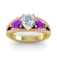 Lab Diamond Ring In 14k Yellow Gold With Amethyst And Pink Tourmaline Vatama Pear Three-stone Ring