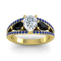 Diamond Ring In 14k Yellow Gold With Black Onyx And Blue Sapphire Vatama Pear Three-stone Ring