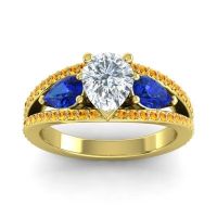 Diamond Ring In 14k Yellow Gold With Blue Sapphire And Citrine Vatama Pear Three-stone Ring