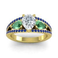Lab Diamond Ring In 14k Yellow Gold With Emerald And Blue Sapphire Vatama Pear Three-stone Ring