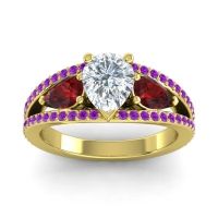 Lab Diamond Ring In 14k Yellow Gold With Garnet And Amethyst Vatama Pear Three-stone Ring