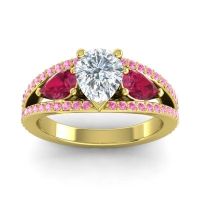 Diamond Ring In 14k Yellow Gold With Ruby And Pink Tourmaline Vatama Pear Three-stone Ring