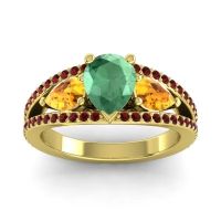 Emerald Ring In 18k Yellow Gold With Citrine And Garnet Vatama Pear Three-stone Ring