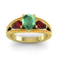 Emerald Ring In 18k Yellow Gold With Garnet And Citrine Vatama Pear Three-stone Ring