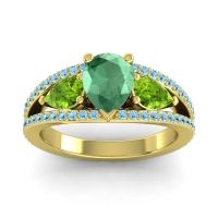 Emerald Ring In 18k Yellow Gold With Peridot And Aquamarine Vatama Pear Three-stone Ring