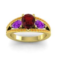 Garnet Ring In 14k Yellow Gold With Amethyst And Citrine Vatama Pear Three-stone Ring