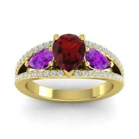 Garnet Ring In 14k Yellow Gold With Amethyst And Lab Diamond Vatama Pear Three-stone Ring