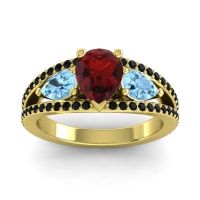 Garnet Ring In 14k Yellow Gold With Aquamarine And Black Onyx Vatama Pear Three-stone Ring