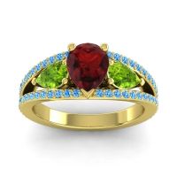 Garnet Ring In 14k Yellow Gold With Peridot And Swiss Blue Topaz Vatama Pear Three-stone Ring