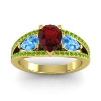 Garnet Ring In 14k Yellow Gold With Swiss Blue Topaz And Peridot Vatama Pear Three-stone Ring