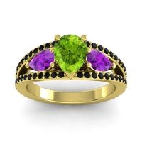 Peridot Ring In 14k Yellow Gold With Amethyst And Black Onyx Vatama Pear Three-stone Ring