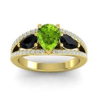 Peridot Ring In 14k Yellow Gold With Black Onyx And Lab Diamond Vatama Pear Three-stone Ring