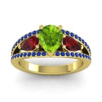 Peridot Ring In 14k Yellow Gold With Garnet And Blue Sapphire Vatama Pear Three-stone Ring