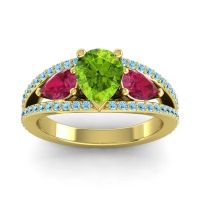 Peridot Ring In 14k Yellow Gold With Ruby And Aquamarine Vatama Pear Three-stone Ring
