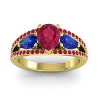 Ruby Ring In 14k Yellow Gold With Blue Sapphire Vatama Pear Three-stone Ring