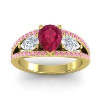 Ruby Ring In 18k Yellow Gold With Lab Diamond And Pink Tourmaline Vatama Pear Three-stone Ring