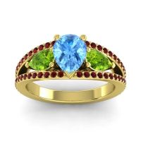 Swiss Blue Topaz Ring In 14k Yellow Gold With Peridot And Garnet Vatama Pear Three-stone Ring
