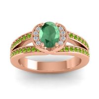 Emerald Ring In 14K Rose Gold With Diamond And Peridot Kaza-7x5 Oval Halo Ring