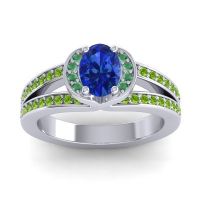 Blue Sapphire Ring In 14k White Gold With Emerald And Peridot Kaza-7x5 Oval Halo Ring