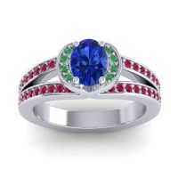 Blue Sapphire Ring In 14k White Gold With Emerald And Ruby Kaza-7x5 Oval Halo Ring