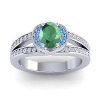Emerald Engagement Ring In 14k White Gold With Swiss Blue Topaz And Diamond - Kaza-7x5 Oval Halo Ring