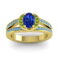 Blue Sapphire Ring In 14k Yellow Gold With Peridot And Swiss Blue Topaz Kaza-7x5 Oval Halo Ring