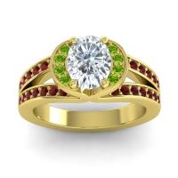 Diamond Ring In 14k Yellow Gold With Peridot And Garnet Kaza-8x6 Oval Modern Ring