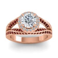 Diamond Ring In 18K Rose Gold With Garnet Pratima Round Halo Ring