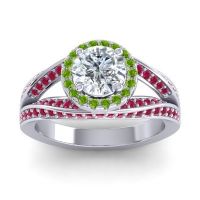 Diamond Ring In Palladium With Peridot And Ruby Pratima Round Halo Ring
