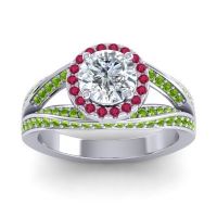 Diamond Ring In Palladium With Ruby And Peridot Pratima Round Halo Ring